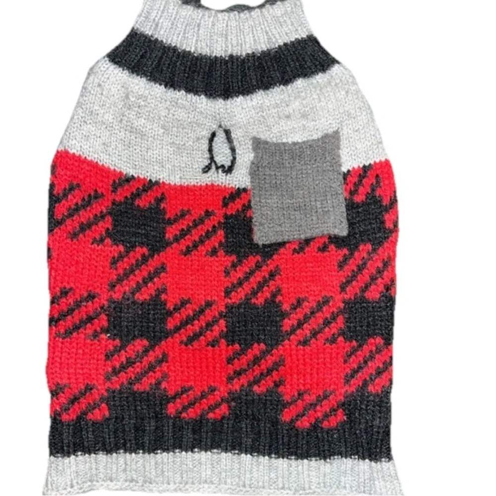 Puppy Sweater Plaid Pattern Red, Black & Gray XS